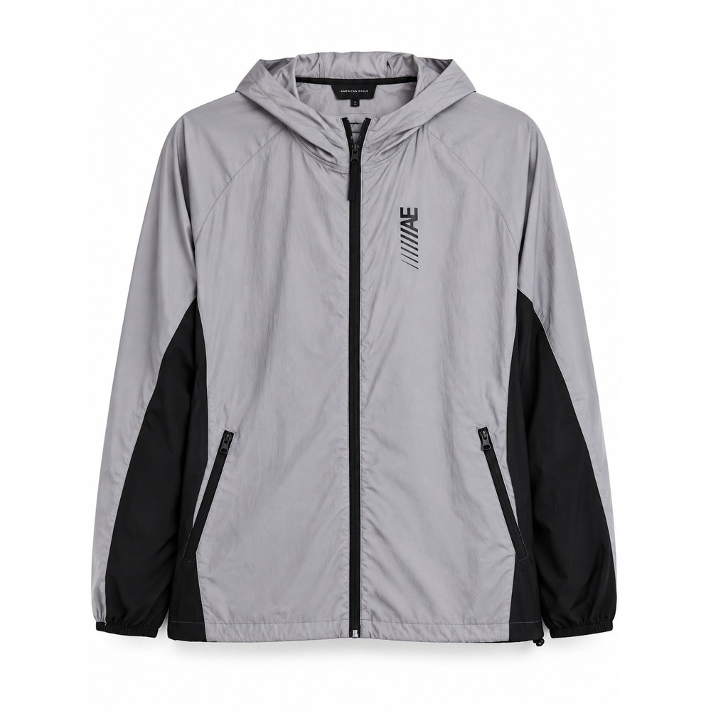 American Eagle XL Grey Black Technical Windbreaker Hooded Jacket Sparkle Finish